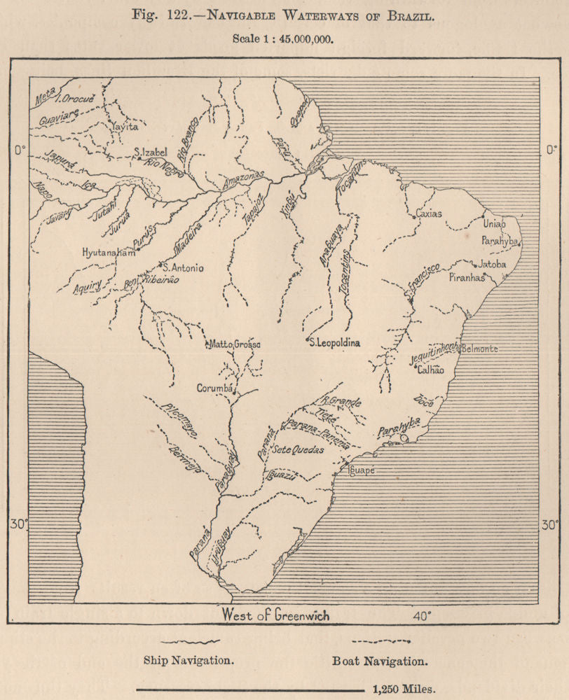 Navigable waterways of Brazil 1885 old antique vintage map plan chart